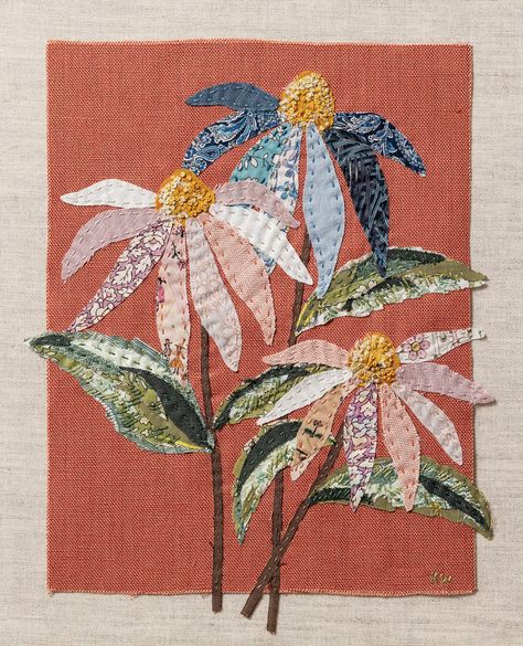 Coneflower Slow-Stitching Kit - Wattle&Loop Linen Background, Textile Art Embroidery, Textiles Artwork, Fabric Cards, Pola Sulam, Applique Quilting, Slow Stitching, Crochet Books, Sewing Art