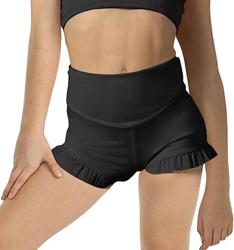 Girls RHigh Waisted Ruffle Dance Shorts Cute Athletic Shorts, Short Pants Girl, Girls Ruffle Shorts, Gymnastics Shorts, Girls Athletic Shorts, Shorts Comfy, Dance Shorts, Shorts High Waisted, Yoga Dance