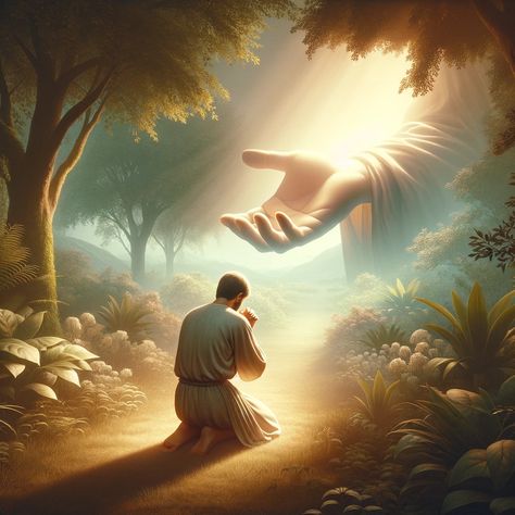 A tranquil scene depicting a person kneeling in prayer in a serene, lush garden, symbolizing a moment of seeking strength in weakness. Love In Bible, Person Kneeling, Christian Background Images, Prayer Photos, Importance Of Prayer, Kneeling In Prayer, Prayer Points, Prayer Images, Bible Artwork
