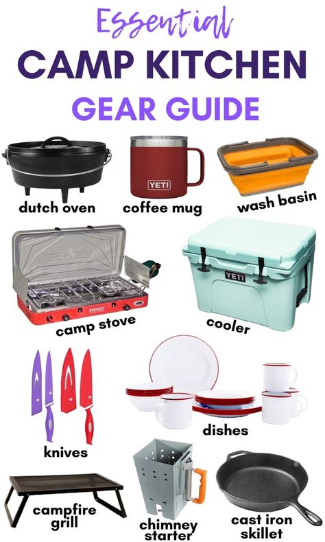 Wondering what camp cooking gear you should bring camping, and what can be left at home? We've got you covered with this camping gear list that will show you all the kitchen equipment you need to make tasty meals outdoors. Camp Cooking Gear, Astuces Camping-car, Camping Cooking Gear, Van Kitchen, Camping Gear List, Zelt Camping, Tenda Camping, Camping Must Haves, Camping Hacks Diy