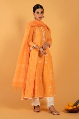 Shop for Maison Shefali Orange Cotton Printed Anarkali Set for Women Online at Aza Fashions Atla Fashion, Kalidaar Kurta, Kalidar Kurta, Kurta Pants, Pirates Gold, Straight Cut Pants, Tunics Online, Cropped Linen Pants, Wardrobe Classic