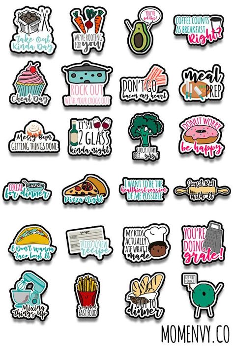 FREE Funny Meal Planning Stickers. 24 different designs are available to download. These meal planner stickers include free Silhouette files as well. Make meal planning more fun with these adorable adulting planner stickers. They're perfect to use with the Happy Planner, Erin Condren, Recollections, and more. #adulting #plannerlover Free Silhouette Files, Kartu Valentine, Free Printable Planner Stickers, Free Planner Stickers, Free Silhouette, Free Printable Stickers, Tumblr Stickers, Scrapbook Stickers Printable, Planning Stickers