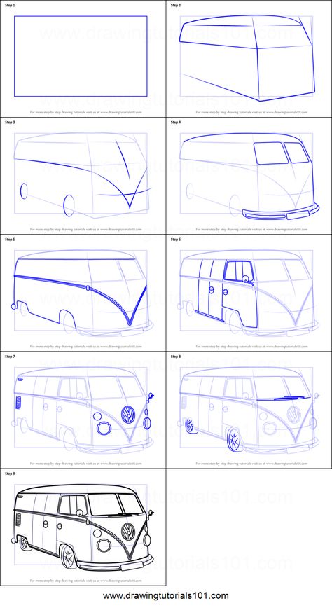 How to Draw Volkswagen Van Printable Drawing Sheet by DrawingTutorials101.com How To Draw Cars Step By Step Easy, Car Drawing Tutorial, Van Drawing, Car Drawing Pencil, Easy Pencil Drawings, Cartoon Car Drawing, Vw Art, Perspective Drawing Lessons, Canvas For Beginners