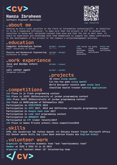 Software engineer resume. Creative CV designed by Mohammad Alhusaini. #resume #cv #softwareengineer #developer Web Developer Resume Design, Resume Web Developer, Computer Science Resume, Software Engineer Portfolio, Software Developer Portfolio, Web Developer Cv, Computer Software Engineer, Cv Engineer, Software Ideas