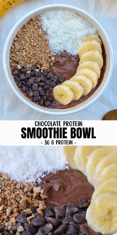 Chocolate Protein Smoothie Bowl Chocolate Protein Powder Smoothie, Chocolate Smoothie Bowl Recipe, Protein Smoothie Bowl Recipe, Acai Bowl Recipe Easy, Smoothie Bowls Recipe Easy, Chocolate Protein Smoothie, Protein Breakfast Smoothie, Superfood Smoothies, Bowl Recipes Easy