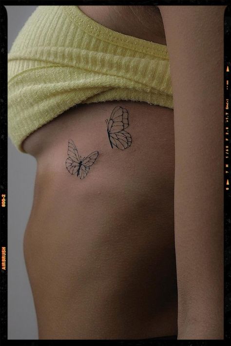 Small Butterfly Tattoo Inspiration Small Butterfly Tattoos, Flower Neck Tattoo, Flower Tattoo On Ribs, Rib Tattoos For Women, Ribcage Tattoo, Small Butterfly Tattoo, Small Pretty Tattoos, Butterfly Tattoos For Women, Petite Tattoos