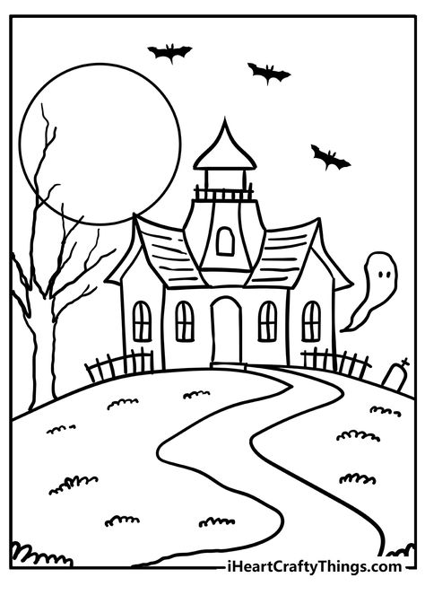 Haunted House Coloring Pages Haunted Mansion Drawing Easy, Spooky Season Drawing Ideas, Haunting House Drawing, Drawings Ideas Halloween, Hunted House Drawings Easy, Spooky House Drawing Easy, Haunted House Sketch Easy, Haunted House Drawing Ideas, Haunted House Outline