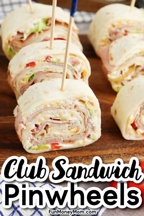 These delicious Ham and Turkey Pinwheels are loaded with the perfect combination of deli meat, tangy cream cheese, crispy bacon, and fresh veggies. A fun twist on the classic club sandwich, they’re the perfect bite-size party appetizer, lunch, or afternoon snack! Sandwich Pinwheels, Turkey Pinwheels, Club Sandwiches, Pinwheel Sandwiches, Ham And Cheese Pinwheels, Pinwheel Appetizers, Bite Size Food, Deli Turkey, Party Food Dessert