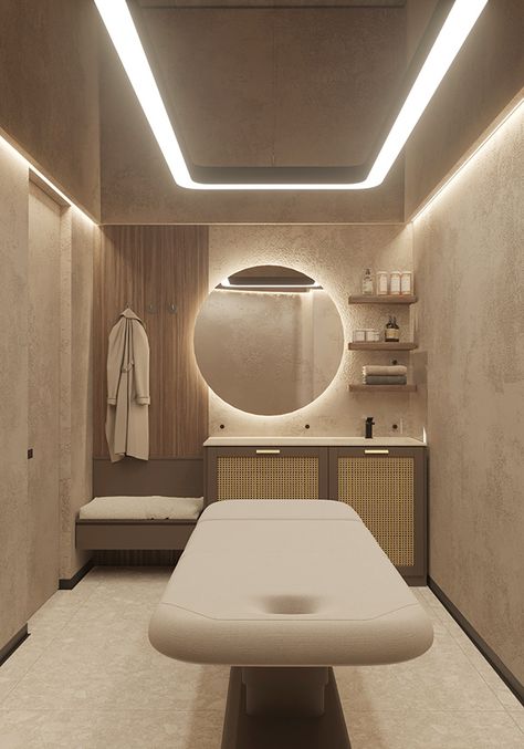 Body laboratory on Behance Dreamy Lash Room, Modern Spa Design Interiors, Medspa Interior Design Modern, Dark Massage Room, Esthetics Room Organization, Skincare Room Design, Cabinet Therapeute, Skin Care Room Design, Spa Waiting Room Ideas