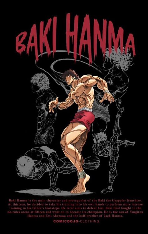 Baki design for comicdojo, Abhishek raut on ArtStation at https://www.artstation.com/artwork/DARldo Baki Poster Art, Baki T Shirt Design, Gym Prints Design, Gym Design T Shirt, Baki Hanma Posters, Baki The Grappler Wallpaper, Hanma Baki Wallpaper, Baki Hanma Aesthetic, Baki Wallpaper Aesthetic