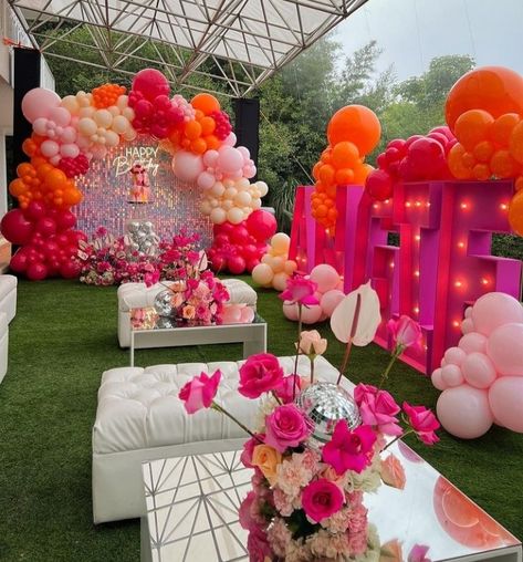 Ring Stand Backdrop, Event Photo Op Ideas, Mimosa Themed Party, Orange And Pink Disco Party, Colorful Classy Wedding, Spring Soiree Party, Pink And Orange Dessert Table, Pink And Orange Theme Party, Pink And Orange Decorations