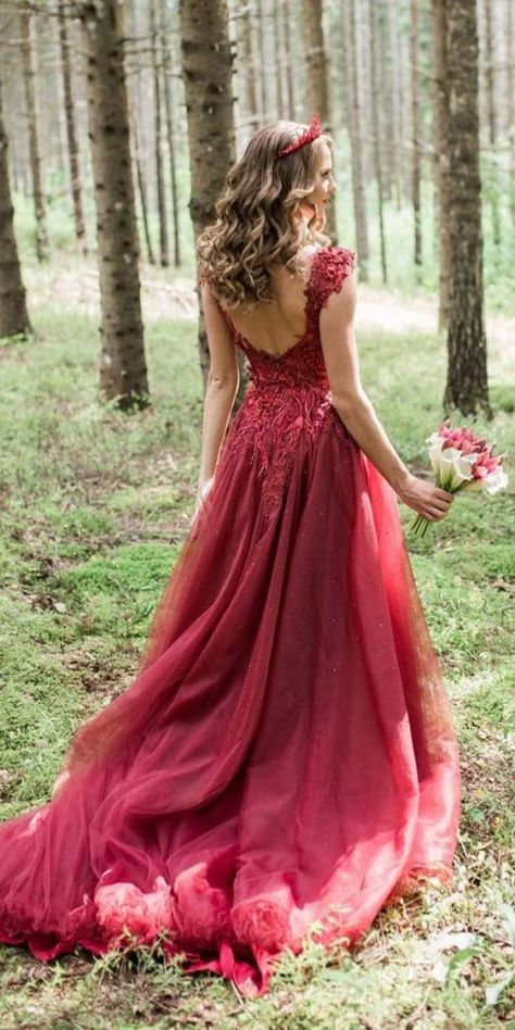 Your Lovely Red Wedding Dresses ★ #bridalgown #weddingdress Non Traditional Colored Wedding Dress, Coloured Wedding Gowns, Not White Wedding Dress Colour, Jewel Tone Wedding Dress, Funky Wedding Dress, Wedding Dresses Red, Red Bridal Gown, Non White Wedding Dresses, Red Wedding Gowns