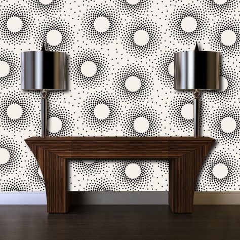 Vintage Mid-Century geometric peel and stick wallpaper. Black And White Geometric Wallpaper, Starburst Wallpaper, White Geometric Wallpaper, Wallpaper Mid Century, Mid Century Modern Wallpaper, Mid Century Wallpaper, Wallpaper Black And White, Bathroom Organization Diy, Wallpaper Fabric