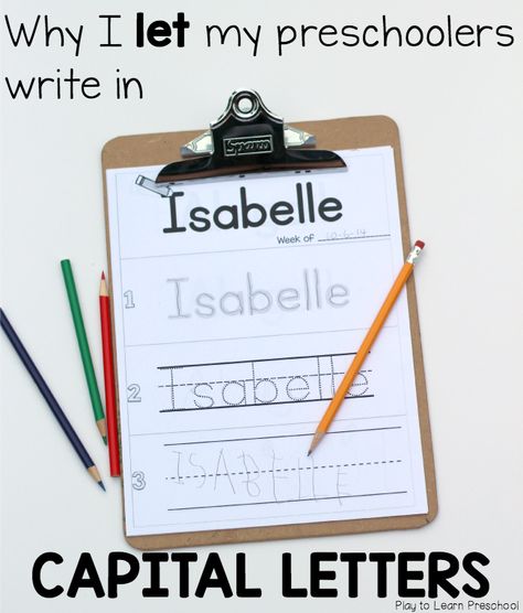 Good post about why it is OK that preschoolers learn how to write their names in capital letters before conventionally writing with both Capital and Lower case letters. Pre-k Writing, Play To Learn Preschool, Letters Writing, Preschool Names, Name Folder, Kindergarten Readiness, Learn To Spell, Name Activities, Preschool Writing