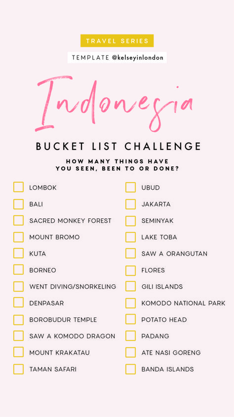 Komodo, Bucket Lists, List Challenges, Buku Skrap, Story Templates, Travel Checklist, Template Instagram, Seminyak, Bali Travel