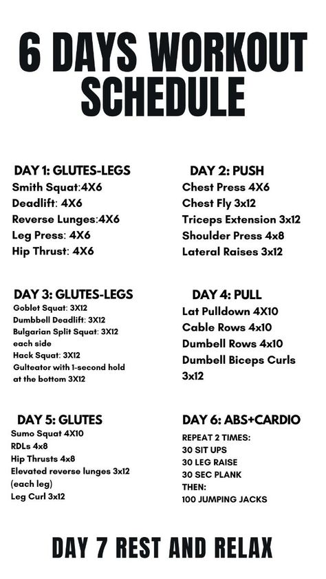 Women's 6-Day Workout Schedule #workoutplan #fitnessgoals #workoutroutine #fullbodyworkout #exerciseplan #weeklyworkout. https://www.theworldaccordingtome.org/healthy-food-and-drink-recipes/1859787_weekly-gym-workout-plan-for-women-get-strong-and-feel-great/?exs42 Athletes Workout Plan, Muscle Combination Workouts, 6 Day Workout Plan Gym, Workout Schedule For Beginners Gym, How To Set Up A Workout Routine, 3 Times A Week Workout Plan, 6 12 25 Workout Plan, Simple Strength Training Routine, Morning Workout Routine Gym