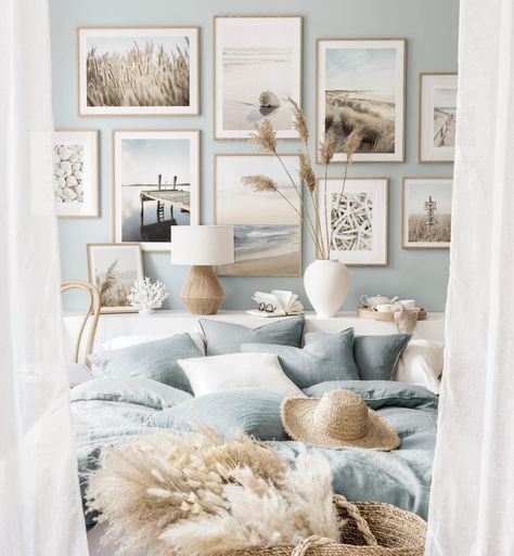 Coastal Bedroom Ideas Beach Inspired, Cottage Blue Bedroom Ideas, Beach Blue Bedroom, Coastal Blue Bedroom Ideas, Blue Wall Bedroom Ideas, Pastel Blue Bedroom Ideas, Blue Bohemian Bedroom, Blue Beach Bedroom, Tranquil Bedroom Ideas