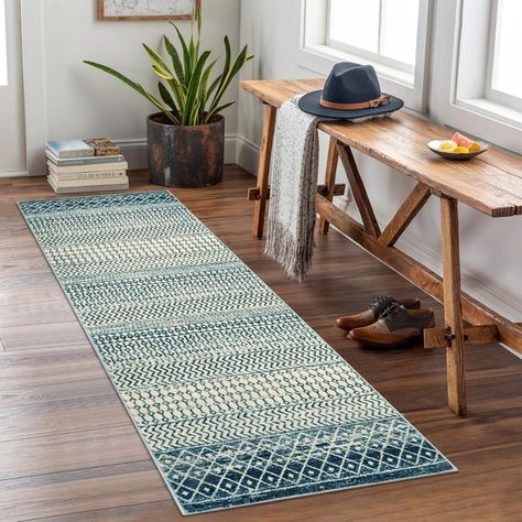 Trendy Moroccan Design Rug: This machine washable area rugs is designed with a moroccan style pattern using a combination of geometric lines and shapes. The slight vintage feel created by the beige and blue distressed tones helps to establish a nostalgic atmosphere. The bohemian rugs for bedroom aesthetic, perfect for promoting a cozy and inviting feel to your space . Bohemian Rugs, Lines And Shapes, Rugs For Bedroom, Beige And Blue, Moroccan Design, The Bohemian, Bedroom Aesthetic, Geometric Lines, Moroccan Style