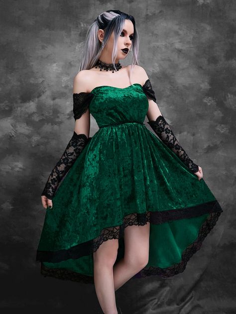 Dark Green Glamorous Collar Short Sleeve Velvet Colorblock A Line Embellished Slight Stretch All Women Dresses Sweet Goth Outfit, Goth Dress Formal, Velvet Mermaid Dress, Masquerade Party Dresses, Vintage Satin Dress, Mermaid Dress Lace, Goth Prom, Goth Lolita, Mode Grunge