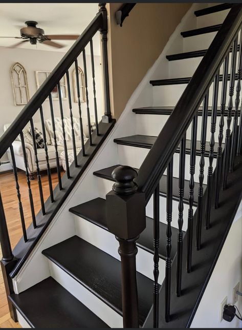 Black And White Stairs, Diy Staircase Makeover, Black Staircase, Stairs Renovation, White Staircase, Black Stairs, White Stairs, Stair Makeover, Diy Staircase