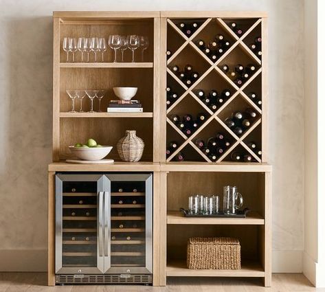 Bar Furniture & Home Bar Sets | Pottery Barn Dry Bar Ideas, Home Bar Sets, Open Cabinets, Wine Display, Dry Bar, Hus Inspiration, Wine Fridge, Wine Cabinets, Wine Room