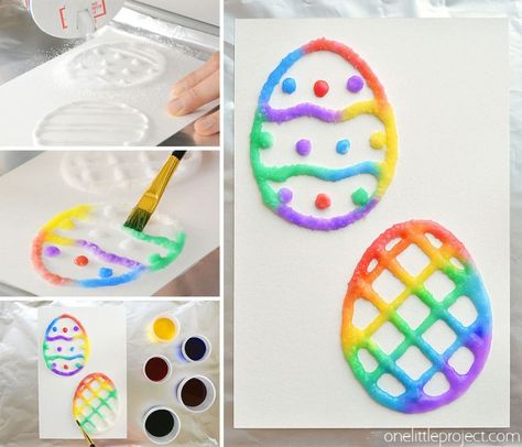 These salt painted Easter eggs are such a fun and easy craft idea for spring time! With a little bit of salt and glue you end up with colorful puffy paint like shapes with an awesome texture! They even stay puffy after they dry. Cut out the eggs to make an Easter basket craft, or you can make cute DIY Easter cards! This is such a great Easter craft for kids! Make An Easter Basket, Easter Basket Craft, Sock Bunnies, Diy Easter Cards, Easter Craft For Kids, Edible Playdough, Painted Easter Eggs, Snail Craft, Easter Basket Crafts