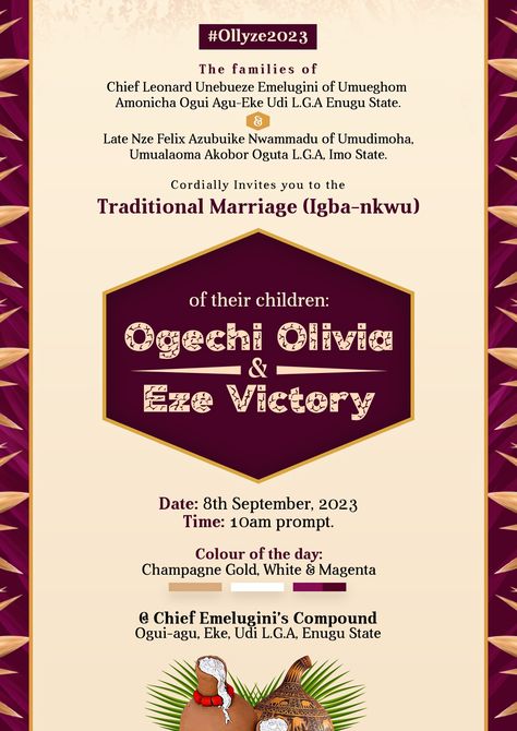 A traditional marriage card designed with Adobe Photoshop Traditional Marriage Invitation Design, Traditional Marriage Invitation Cards, Marriage Card Design, Page Background Design, Anime Ichigo, Igbo Traditional Wedding, Marriage Card, Gold Design Background, Marriage Invitation