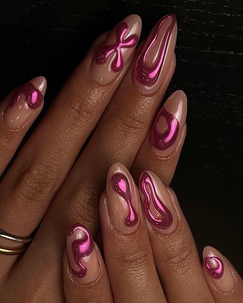 as usual 💘 #3dnailart #3dchromenails #chromenails #pinknails #gelnails #3dnails #nailart #naildesign #3dgel #nailaddict #nails | Instagram post from 𝕬𝖌𝖆𝖙𝖍𝖊 - NAIL ARTIST & FORMATRICE PARIS (@vdw.nails) Gem Ideas For Nails, Funky Bridal Nails, Green Chrome Nails Designs, Unique Almond Nails, Short Almond Nails Pink, Tiger Eye Nails, Mosaic Nails, Crome Nails, Pink Chrome Nails