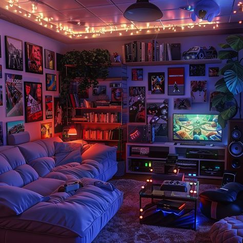 Which game room are you chilling in? 🎮 Cute Spare Room Ideas, Gaming Chill Room, Game Room Aesthetic Dark, Gaming And Library Room, Gaming Loft Room, Gaming Studio Apartment, Trap House Room Ideas, Living Gaming Room, Living Room With Gaming Setup