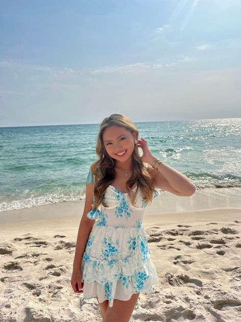 Cute Poses Birthday, Coastal Granddaughter Homecoming Dress, Cute Preppy Dress, Love Shack Dress, Beach Themed Dress, Pictures In Dresses Photo Ideas, Cute Beach Pictures In Dress, Cute Beach Dresses Vacation, Blue Beach Dress Summer