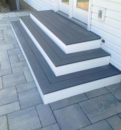 Porch And Stairs Ideas, Concrete Porch Wood Steps, 2 Steps Stairs, 3 Sided Porch Steps, Back Door Stairs Porch Steps, Front Deck Stairs Porch Steps, Back Porch Stairs To Patio, Steps Off Patio Door, Stairs To Deck Ideas