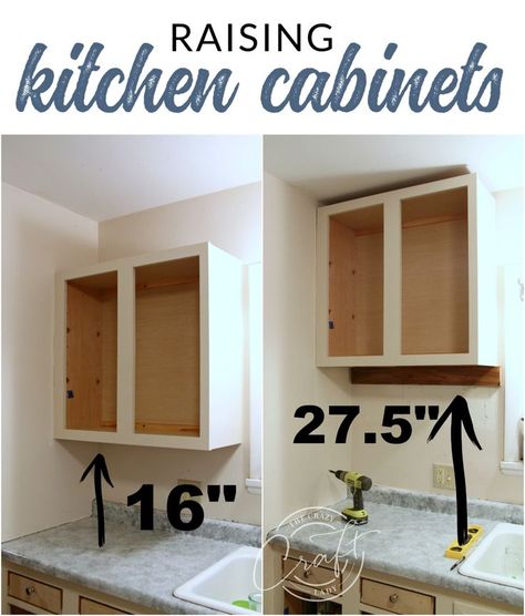 Genius DIY: Raising Kitchen Cabinets and Adding an Open Shelf - The Crazy Craft Lady Raising Kitchen Cabinets, Diy Kitchen Renovation, Diy Kitchen Remodel, New Kitchen Cabinets, Diy Renovation, Upper Cabinets, Diy Cabinets, Interior Modern, Kitchen Redo