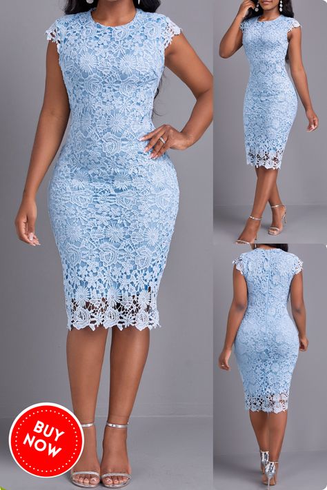 Look and feel your best in this light blue round neck lace bodycon dress! This stylish and elegant dress is perfect for any party occasion. The dress features a lace overlay, layered hem, zipper closure, and bodycon fit. It has short cap sleeves and a knee length. #lightbluedress #roundneckdress #lacedress #layerdress #zipperdress #bodycondress #capsleevedress #kneelengthdress #elegantdress #partydress #autumndress #bestdressed #fashionicon Short Gowns With Lace, Short Dress Lace Styles, Short Gown For Lace Style, Short Dress Styles Casual, Lace Short Gown Styles For Ladies, Short Gown For Lace, Short Gown Styles For Lace, Party Lace Dress Classy, Short Gown Lace Styles