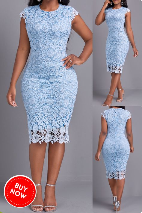 Look and feel your best in this light blue round neck lace bodycon dress! This stylish and elegant dress is perfect for any party occasion. The dress features a lace overlay, layered hem, zipper closure, and bodycon fit. It has short cap sleeves and a knee length. #lightbluedress #roundneckdress #lacedress #layerdress #zipperdress #bodycondress #capsleevedress #kneelengthdress #elegantdress #partydress #autumndress #bestdressed #fashionicon English Lace Styles, Short Gown For Lace Style, Short Dress Lace Styles, Short Dress Styles Casual, Short Gowns With Lace, All Lace Dress, Knee Length Lace Dress Classy, Short Gown For Lace, Short Gown Styles For Lace