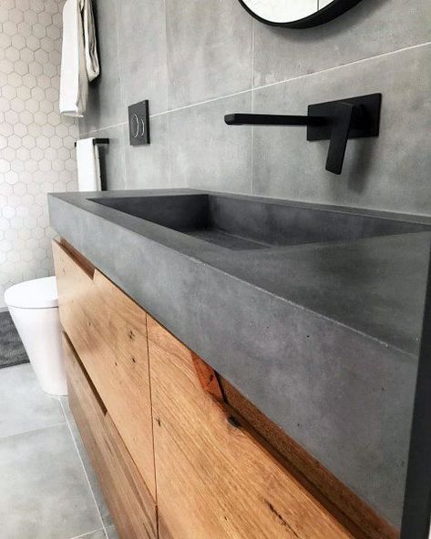 Top 70 Best Bathroom Vanity Ideas - Unique Vanities And Countertops Grey Bathroom Countertops, Concrete Bathroom Vanity, Recipes Quiche, Luxury Bathroom Vanities, Concrete Countertops Bathroom, Concrete Vanity, Bathroom Vanity Ideas, Flower Furniture, Unique Bathroom Vanity