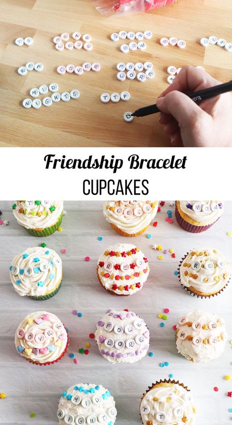 Taylor Swift Inspired Friendship Bracelet Cupcakes. Make some adorable cupcakes with friendship bracelet sprinkles on top. Friendship Bracelet Birthday Cake, Taylor Swift Friendship Bracelet Cake, Taylor Swift Cupcake Cake, Friendship Bracelet Cupcakes, Lover Cupcakes Taylor Swift, Taylor Swift Snacks Ideas, Taylor Swift Inspired Cupcakes, Diy Taylor Swift Cake, 40 Cupcake Cake