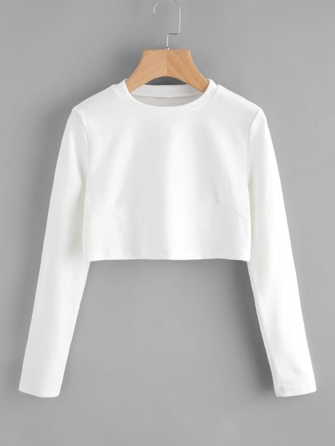 Crew Neck Crop Tee | SHEIN Pakaian Crop Top, White Crew Neck, Crew Neck Top, White Crop, Long Sleeve Crop, Sleeve Crop Top, Crop Tshirt, Teen Fashion Outfits, Crop Tee