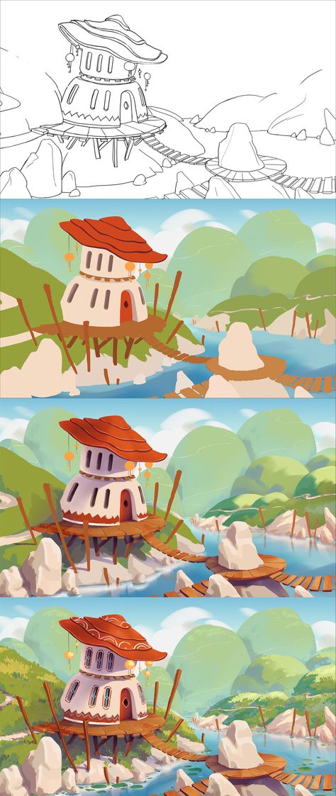 Environment Design Illustration, Drawing Environments Tutorial, Simple Background Illustration, Simple Environment Art, Different Digital Art Styles, Simple Concept Art, Digital Illustration Inspiration, Game Background Design, Coloring Digital Art