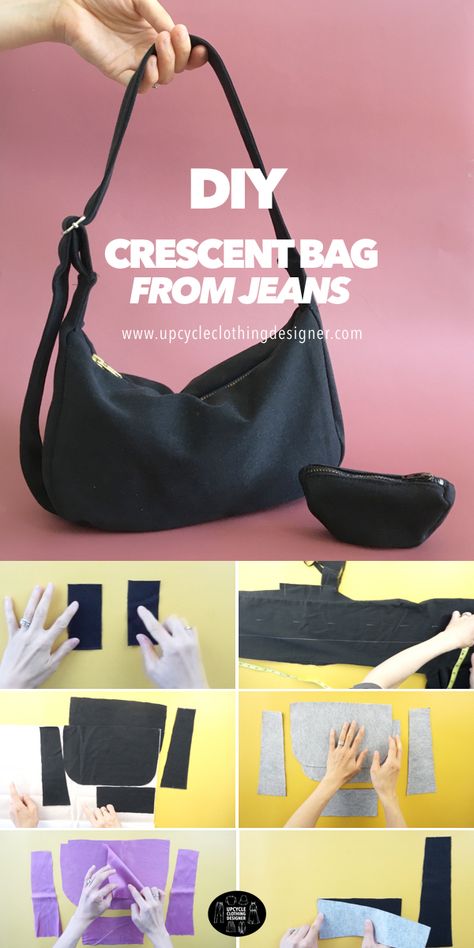 Do you have old jeans that you don’t wear them anymore? Here is a free purse pattern and step-by-step instructions to transform old jeans into a crescent purse with a matching coin purse. The adjustable shoulder strap and beautiful purse lining adds to the professional details included in this bag making project. Jeans To Purse Diy, Sewing Patterns Free Purse, Diy Crescent Bag Pattern, Purse Out Of Jeans, How To Make A Jean Purse, Shoulder Bag Diy Pattern, Jean Shoulder Bag, Shoulder Purse Pattern, How To Make A Shoulder Bag