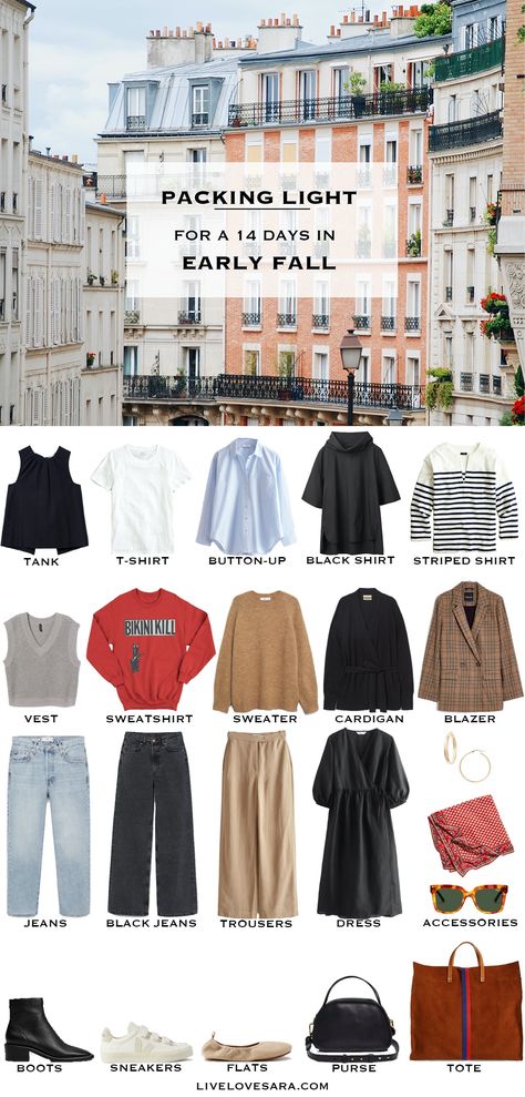 Autumn Travel Outfit Packing Light, Layering Travel Outfits, Travel Capsule Wardrobe Europe September, Two Week Outfits Travel Packing, Two Week Capsule Wardrobe Fall, Fall In Europe Packing List, Packing For Fall In Italy, Packing Light Japan Fall, What To Pack For Two Weeks In Europe Fall