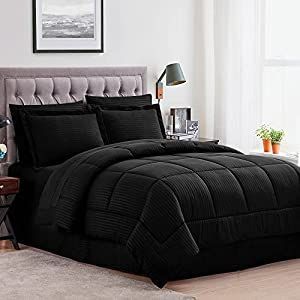 Black Bed Set, Queen Size Bed Sets, Sheet Bed, Twin Size Comforter, Blue Comforter Sets, Black Bed, Striped Bedding, Bed In A Bag, Bed Skirt