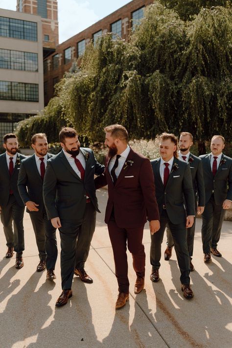 Black Suit And Burgundy Tie, Bordeaux, Groom Burgundy Wedding, Groom Wine Suit, Grey Tuxedo Wedding Burgundy, Maroon Suit For Groom, Green And Burgundy Groomsmen Attire, Brown Suit Burgundy Tie, Maroon Wedding Theme Groomsmen