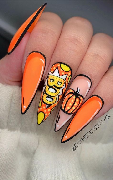 Fall Pop Art Nails, Comic Book Nails, Horror Nails, Nail Art Halloween, Holloween Nails, Tree Nail Art, Pop Art Nails, Cute Halloween Nails, Halloween Acrylic Nails