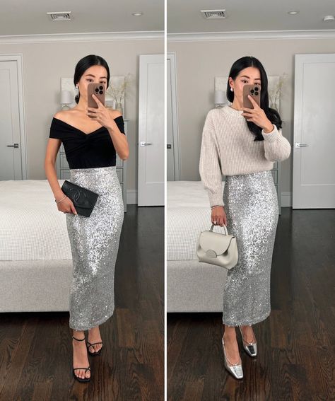 2023 holiday party style // petite midi sequin skirt holiday outfit ideas Midi Sequin Skirt Outfit, Cocktail Event Outfit, Sequin Skirt Outfit Dressy, Sequin Midi Skirt Outfit, Silver Sequin Skirt Outfit, Silver Skirt Outfit, Skirt Holiday Outfit, Silver Skirt Outfits, Sequin Skirt Outfit