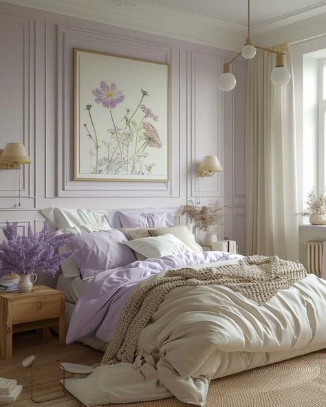 3 Interior Painting Design Color Schemes to Love • 333+ Art Images Purple Bedroom Design Lavender, Color Theory Bedroom, Light Lavender Walls, Elegant Room Colors, Bedroom Decor Lavender, Cream And Lavender Bedroom, Aesthetic Bedroom Paint Colors, Lilac Walls Living Room, Purple And White Bedroom Aesthetic