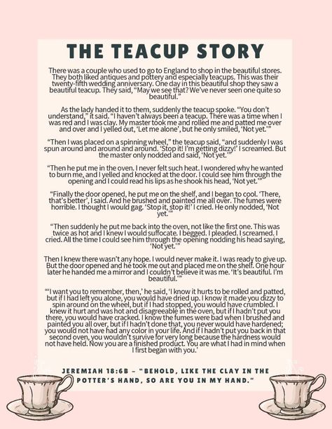 THE TEACUP STORY… | AFTERNOON TEA 4 TWO… Teacup Story, Scripture Tea, Tea Party Games, Tea Quotes, Spring Tea, Tea Party Food, Womens Ministry, Christmas Tea, Crazy Life