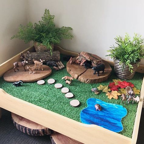 It was a forest small world kinda day today! 🐻 🌟 Lilly helped me rotate some of our play room this afternoon so we decided to set up a new small world! We had a look through our Schleich collection and settled on a forest for this week! 🦊 🌟 Our small world table is just a @kmartaus train table with a piece of artificial turf from @bunnings added to the top. 🌟 Our animals are all Schleich brand from @minizooshop and our large wooden cookie and piece of timber was foraged from @... Train Table Makeover Dinosaur, Small World Animal Play, Forest Small World Play, Dino Small World, Small World Play Dinosaur, Small World Play Table, Animal Small World Play, Dinosaur Table Play, Train Provocations