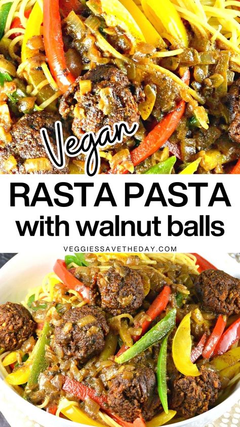 Embrace the vibrant flavors of the Caribbean when you make Rasta Pasta and Walnut Meatballs! This mouthwatering vegan pasta recipe brings together colorful bell peppers in a creamy coconut curry sauce with zesty jerk seasoning. A truly unforgettable plant-based feast that will transport you to an island paradise! Walnut Recipes Dinner, Walnut Meatballs, Rasta Pasta, Vegan Burger Recipe, Jamaican Jerk Seasoning, Coconut Curry Sauce, Vegan Recipes Videos, Jamaican Jerk, Jerk Seasoning