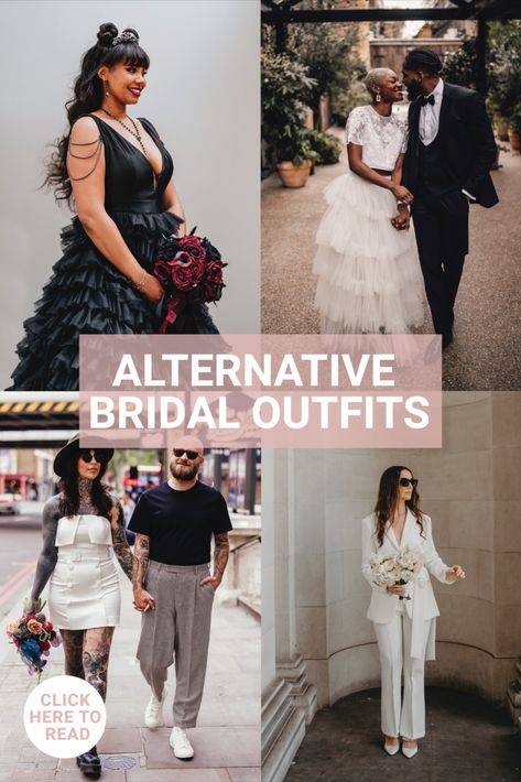 A roundup of alternative bridal outfits if you don't want to wear a traditional white dress on your wedding day Wedding Dresses For Tomboys Brides, Wedding Jumpsuit The Bride Boho, Non Dress Bride Outfit, Cool Bride Outfit, Alternatives To Wedding Dress, Wedding Dress Alternative Casual, Wedding Dress Non White, Non Traditional Bride Outfit, Non Dress Wedding Outfit The Bride