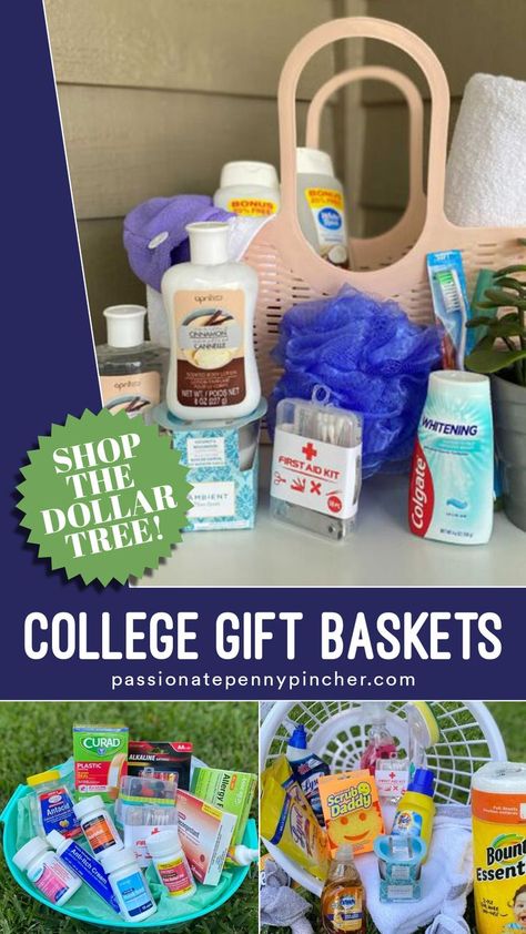 These college gift baskets are all under $15 and all from the Dollar store – super affordable and super practical! If you're sending a care package off with your college kid to take to the dorm (or even a new apartment) you're probably looking for some useful college gift basket ideas. We've got you covered! Here are three college gift basket ideas we pulled together using ONLY items from our local Dollar Tree! You can keep them inexpensive or you fancy them up a bit with nicer brands. Dorm Room Gift Basket, College Gift Basket Ideas, Dorm Gift Basket, College Basket, College Dorm List, College Gift Baskets, Graduation Gift Basket, Dorm Gifts, College Dorm Gifts